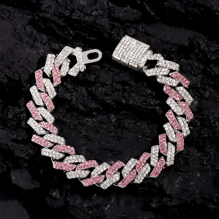 Iced Out Silver Pink Rhinestone Cuban Link Hip Hop Bracelet