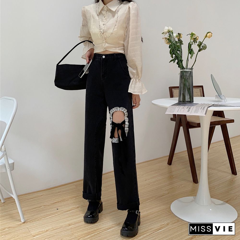 Chic Lace Up Wide Leg Denim Pants