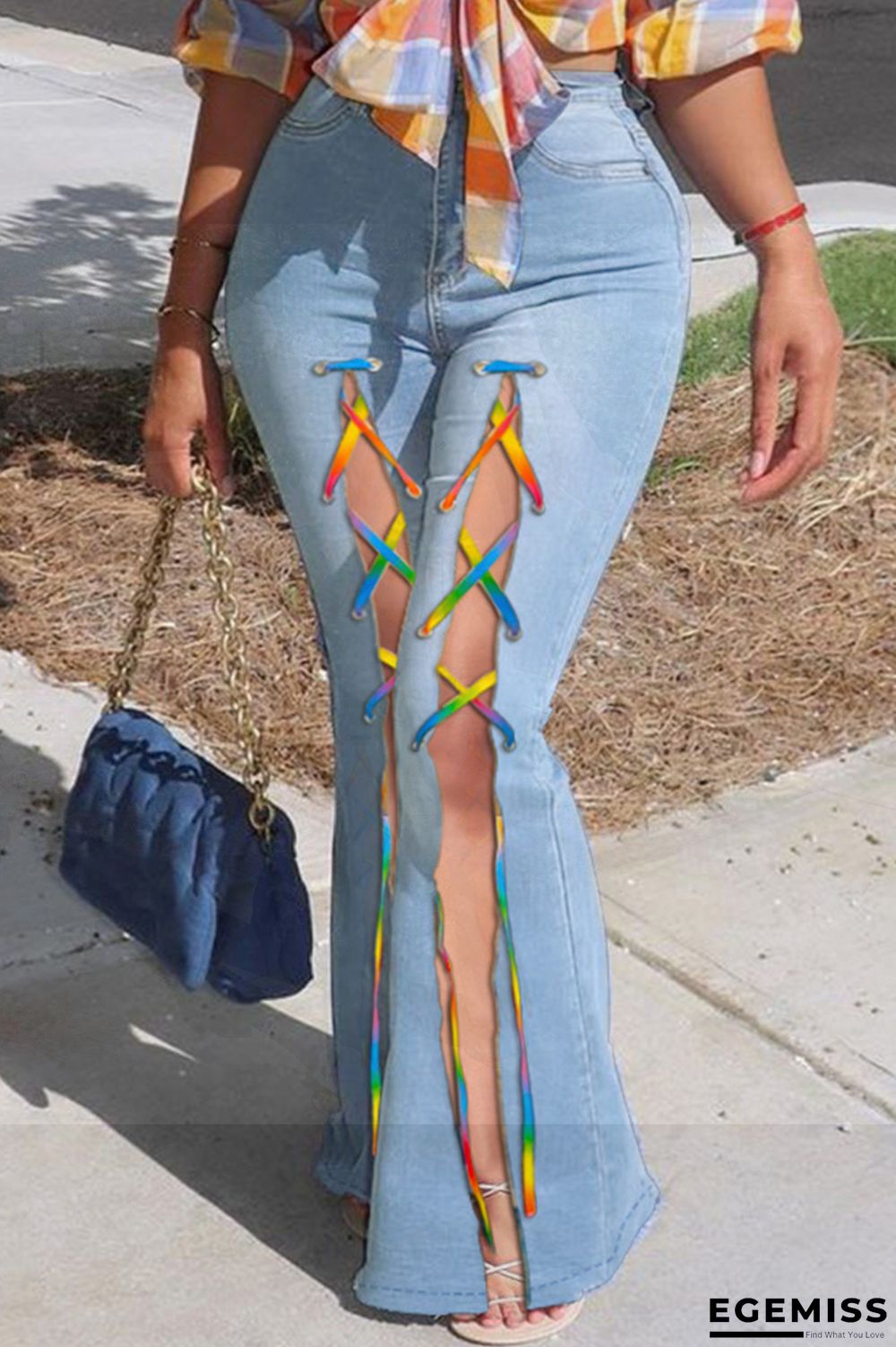 Baby Blue Fashion Casual Solid Bandage Slit High Waist Regular Jeans | EGEMISS