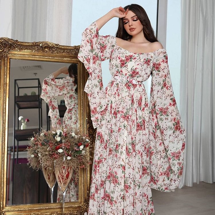African Americans fashion QFY Abayas For Women Dubai 2022 Summer Chiffon Floral Print Long Dress Off Shoulder Sexy Robe Kimono Femme Musulmane Party Gowns Ankara Style QueenFunky
