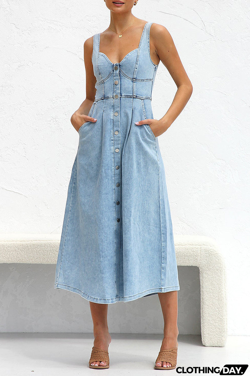 Elegant Solid Make Old Pocket Buckle V Neck Sleeveless Loose Denim Dresses