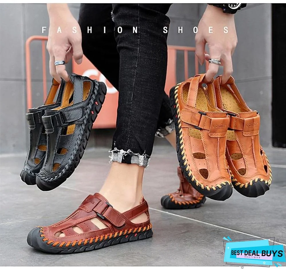 Men's Genuine Leather Sandals Casual Breathable Beach Sandal Shoes