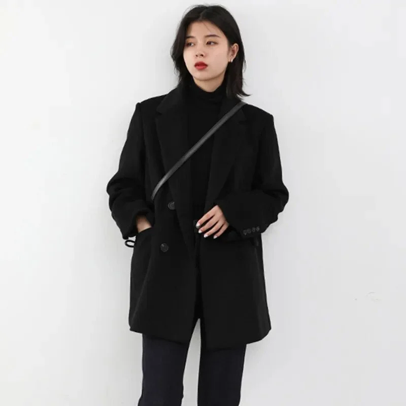 Nncharge Women Woolen Blends Suit Coat Korean Solid Autumn Winter Blazer Thick Warm Oversize Office Lady Loose Pocket Casual Long Jacket