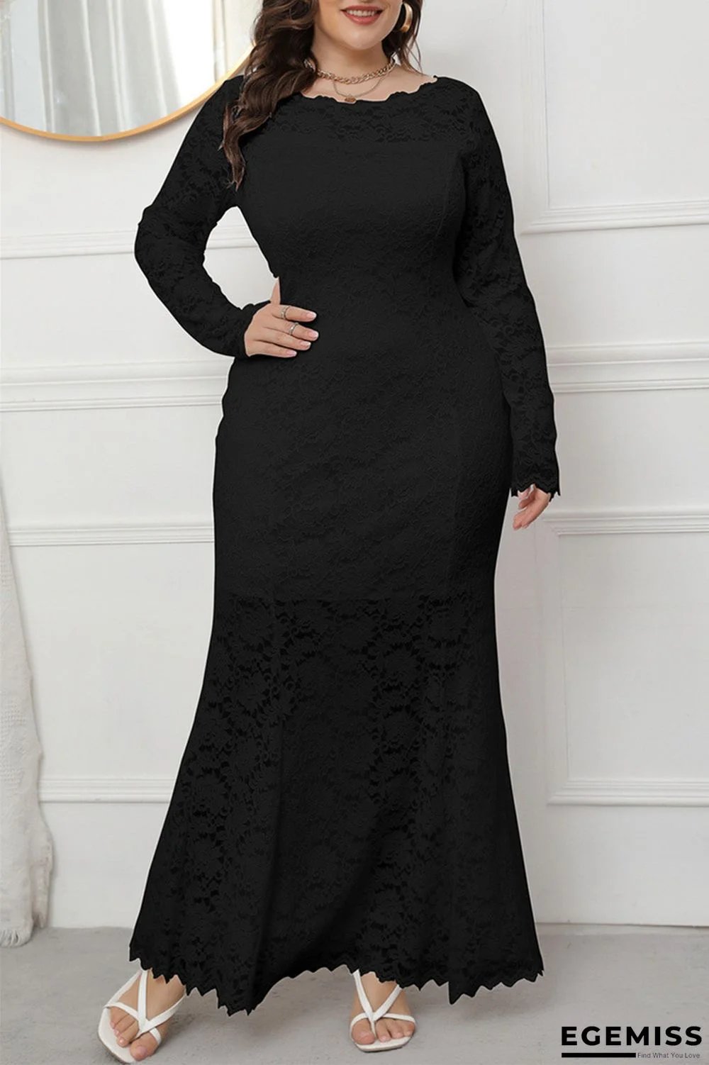 Black Fashion Sexy Solid Patchwork See-through O Neck Long Sleeve Plus Size Dresses | EGEMISS