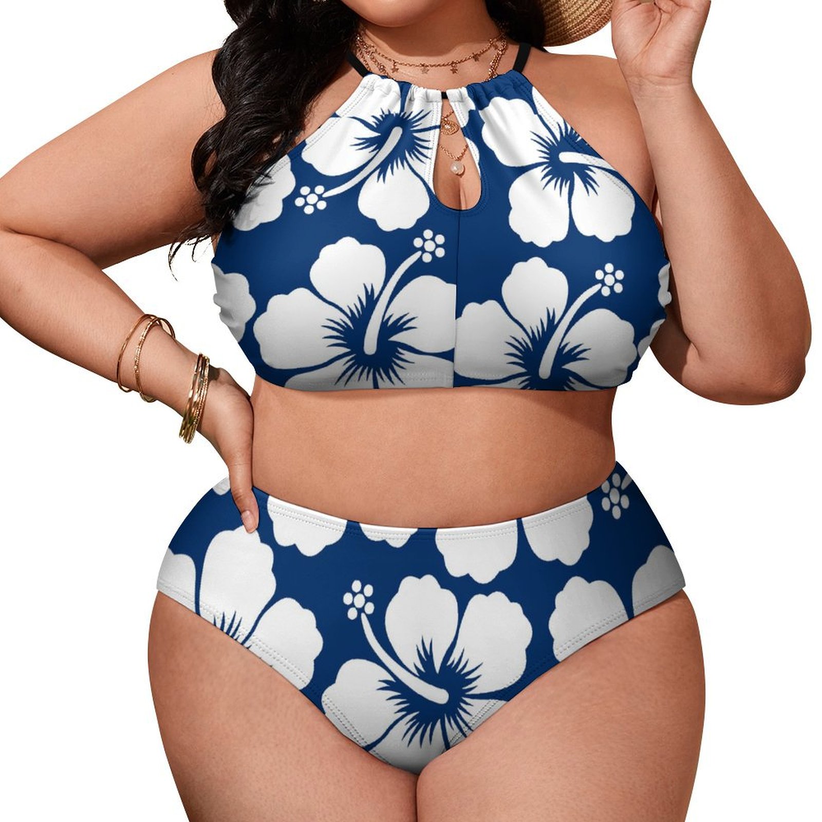 Women's Hawaiian Tropical Flowers High Waisted Two-Piece Plus Size Bikini Swimsuits Sets