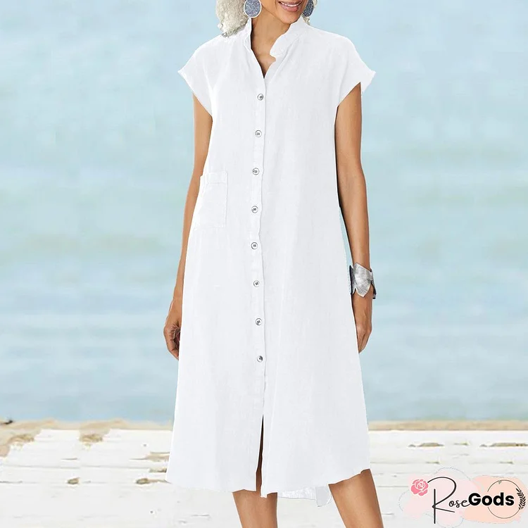 Plus Size Maxi Summer Buttoned Solid Bottoms Shirt Dress