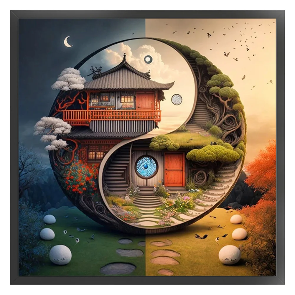 DIY Stamped Cross Stitch 11CT Full Embroidery 45*45cm - Tai Chi Diagram-Landscape Cabin