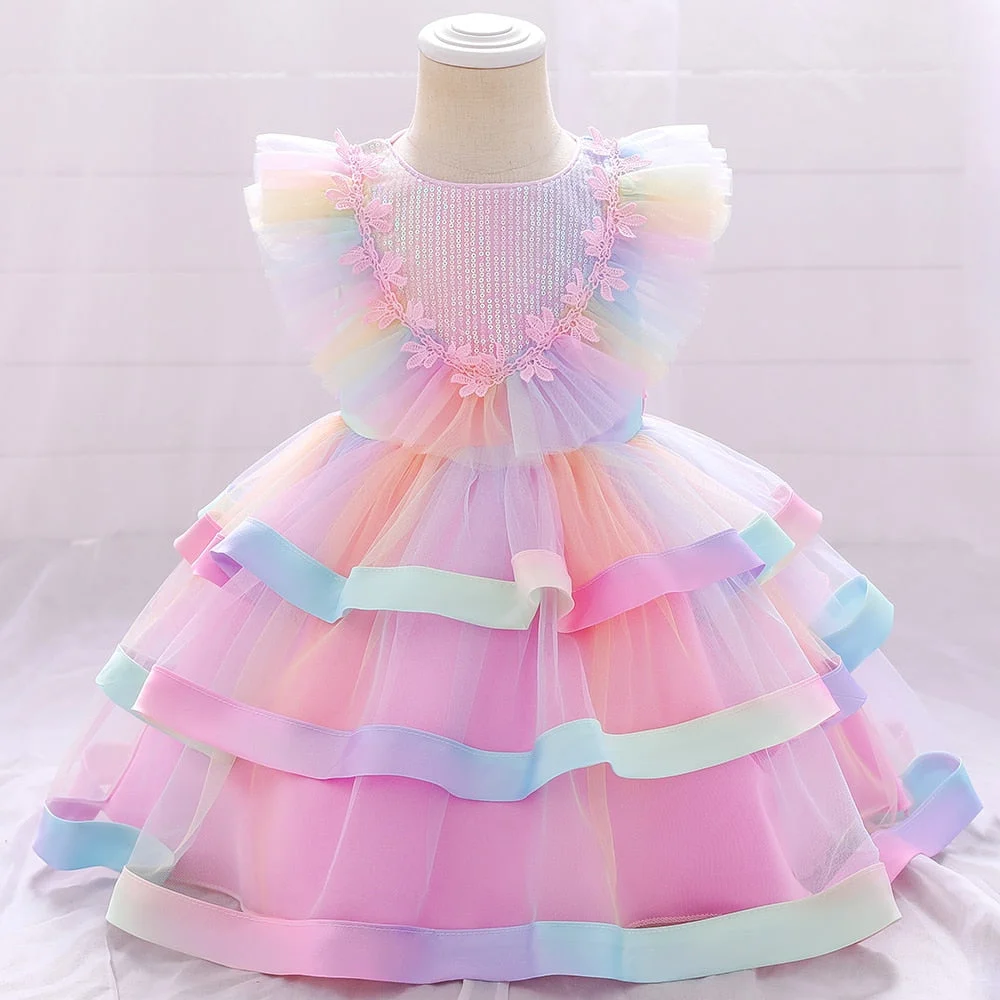 Gradient Colorful Baby Girls 1 Years Birthday Dress Sequins Baptism Princess Dresses Costume Children Wedding Party Ball Gown