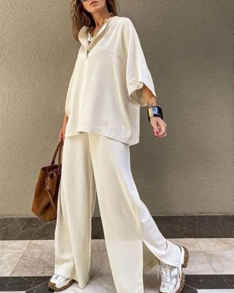 Three-quarter Sleeve Top and Loose Trousers Two-piece Set