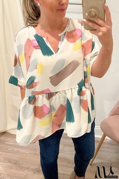 MidiSono - Print Cuffed Sleeves Peplum Blouse