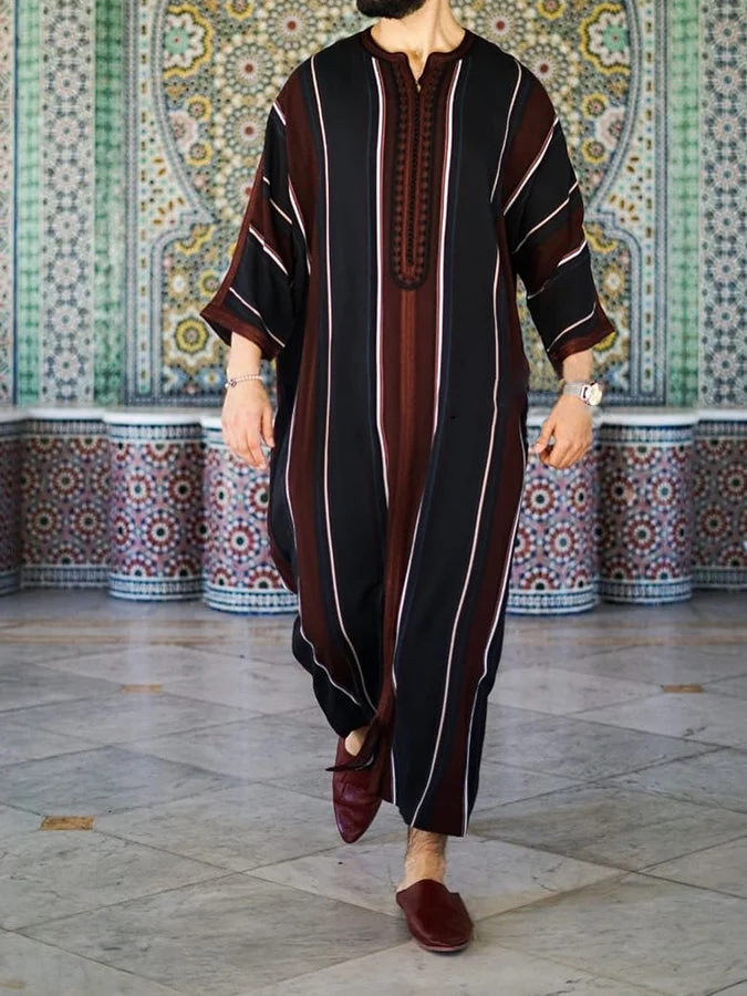 Men's Splicing Striped Long Sleeve Abaya