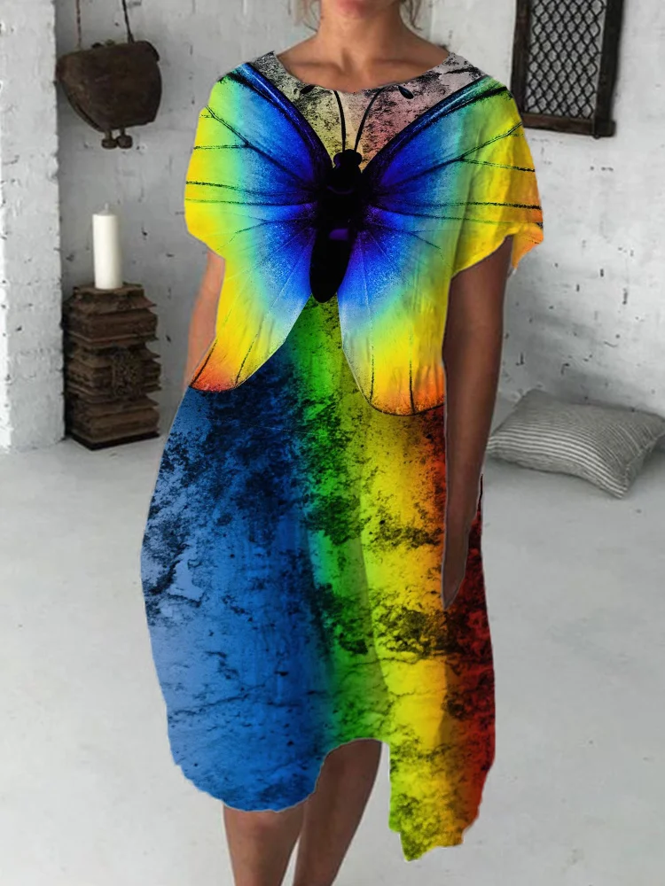 Colorful Gradient Butterfly Art Wide Skirt Midi Dress