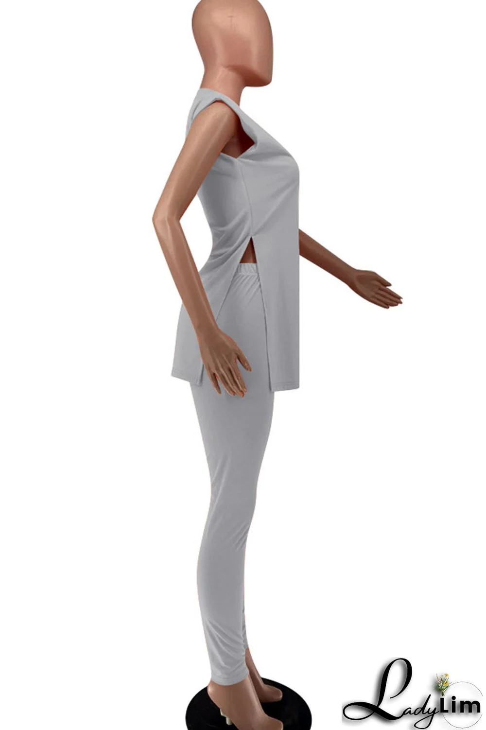 Green Sexy Print Split Joint Slit O Neck Sleeveless Two Pieces