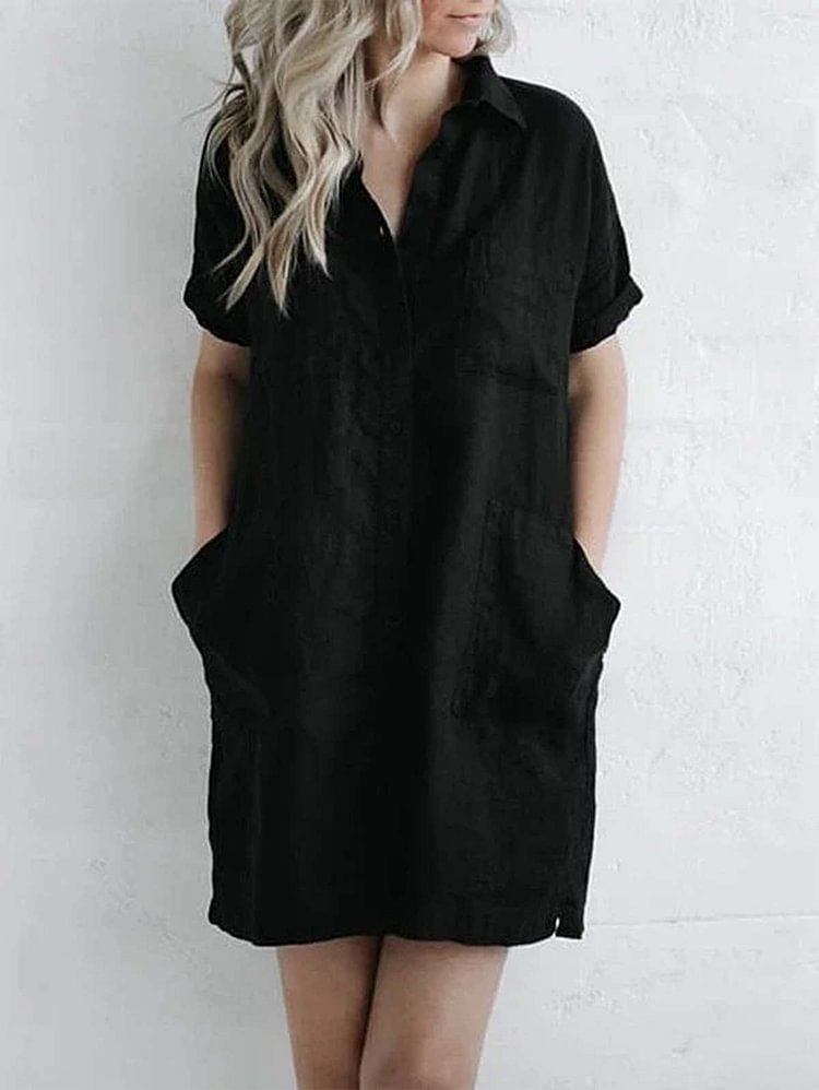 Casual lapel pocket solid color loose cotton and linen dress