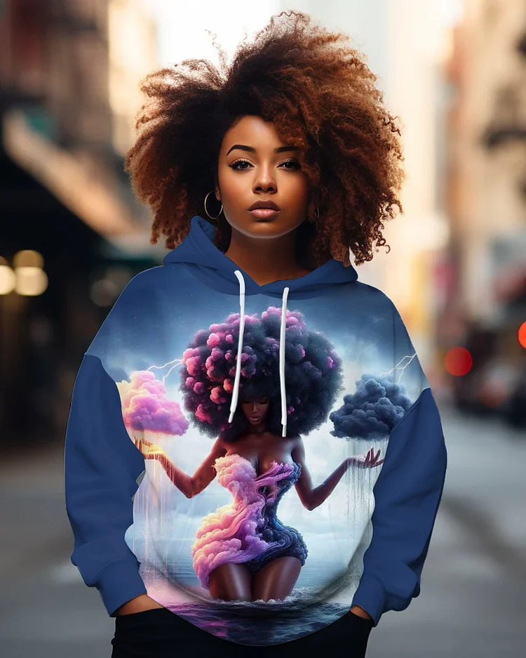 Cloud Curly Hair Girl Illustration Long-sleeved Hoodie