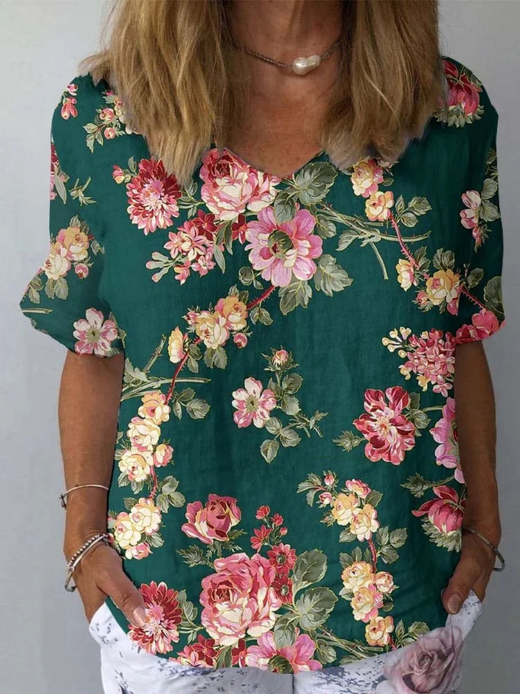 Women's Vintage Lovely Floral Art Print Casual Cotton And Linen Shirt