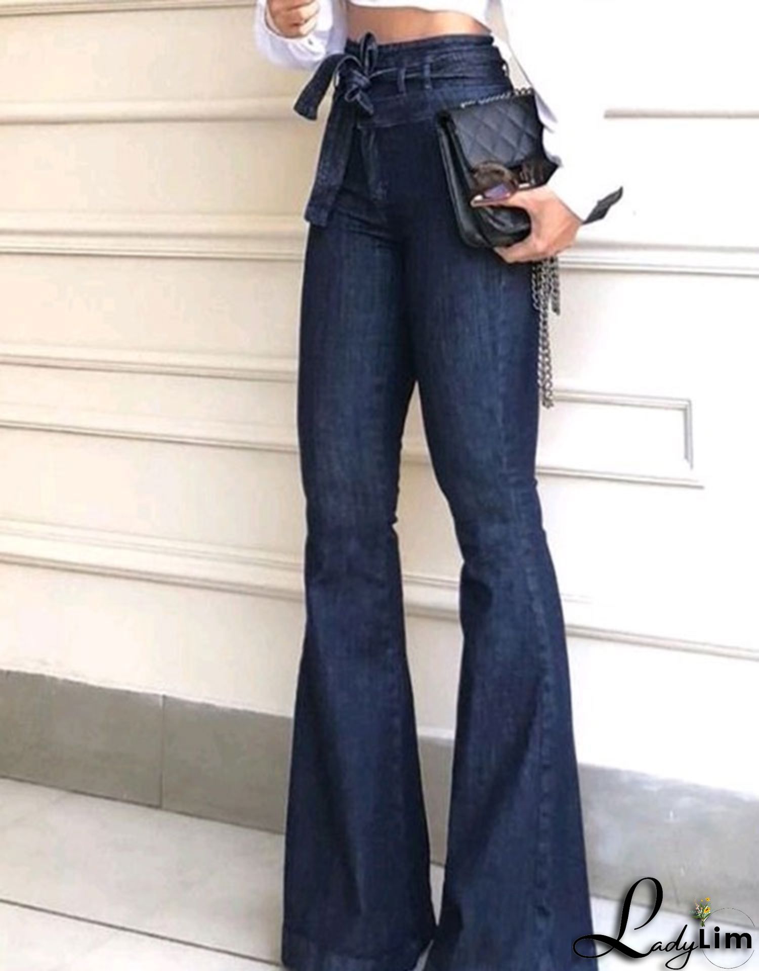 Pocket Detail Belted High Rise Flare Jeans