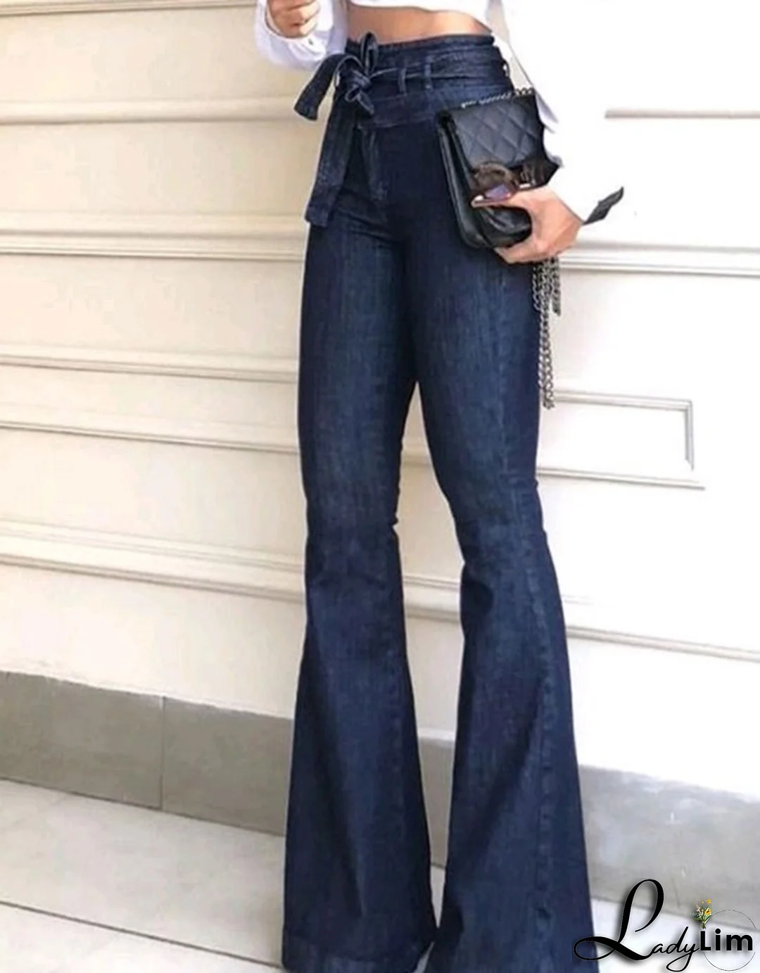 Pocket Detail Belted High Rise Flare Jeans