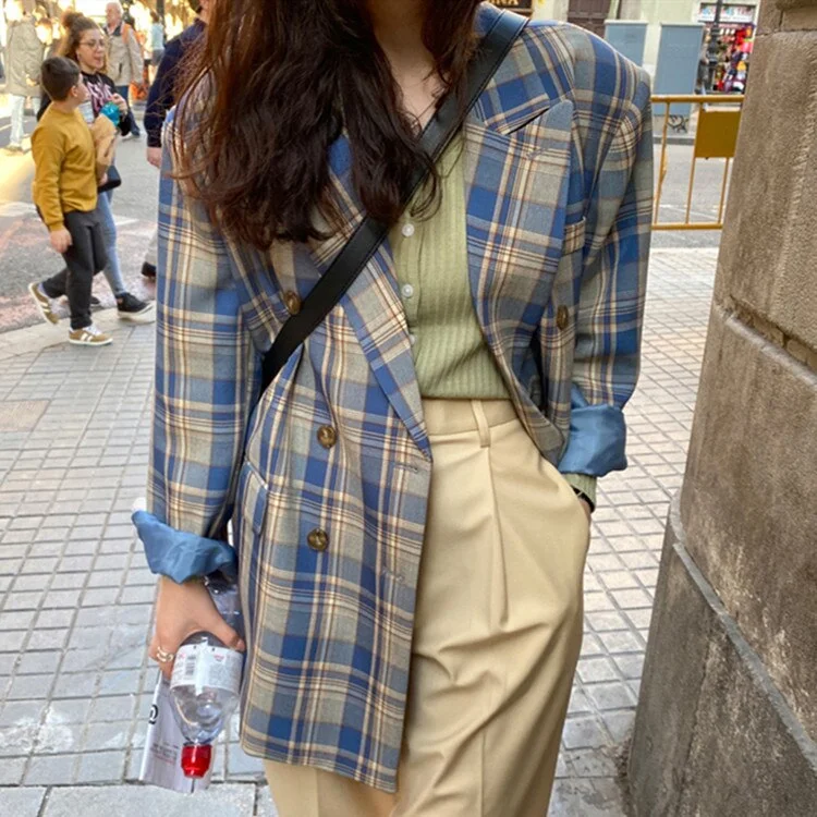 Ailegogo New 2020 Autumn Winter Women's Blazers Oversize Plaid Casual Buttons Pockets Jackets Notched Vintage Wild Tops JK6100