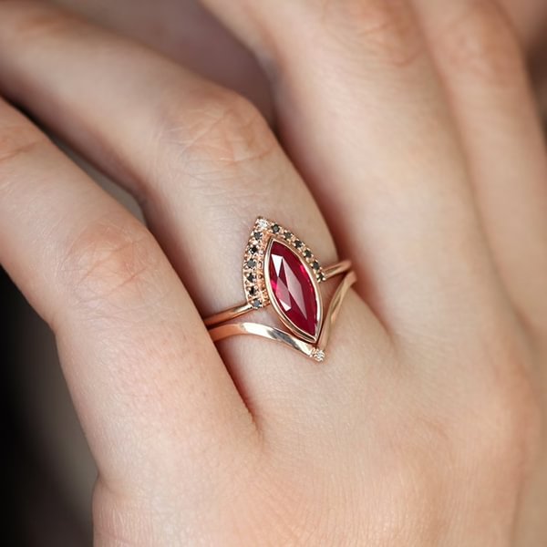 Unique Natural Rhombus 2 in 1 Ruby Engagement 18K Rose Gold Ring Marquise Bridal Wedding Ring With Black Diamonds Women Ruby Ring Diamond Fine Jewelry Set （size 4-11） - Shop Trendy Women's Fashion | TeeYours