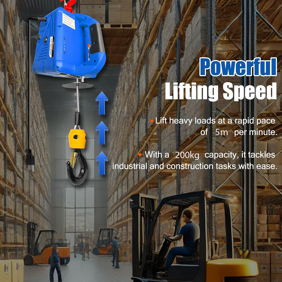 رافعة كهربائية محمولة 200 كجم، رافعة كهربائية بسلك فولاذي 220 فولت (نسخة جهاز التحكم عن بعد، 19 متر)