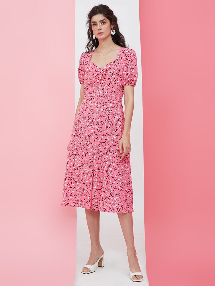 Floral Print Puff Sleeve Slit Ruched Square Collar Pink Dress - Shop Trendy Women's Fashion | TeeYours