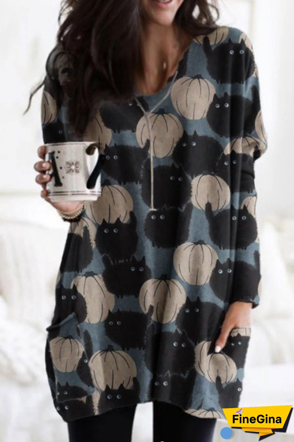 Street Print Split Joint Pocket O Neck Tops