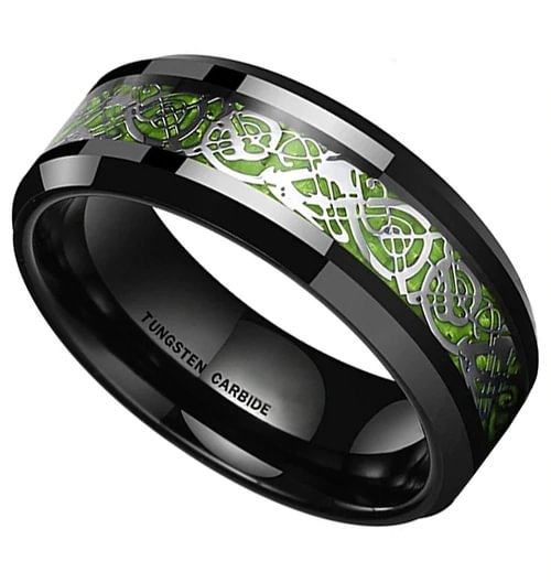 Black Resin Inlay Silver and Bright Green Celtic Dragon Knot Women Or Men's Tungsten Carbide Wedding Band Rings,Celtic Dragon Knot Black Resin Inlay Silver and Bright Green Ring With Mens And Womens For 4MM 6MM 8MM 10MM