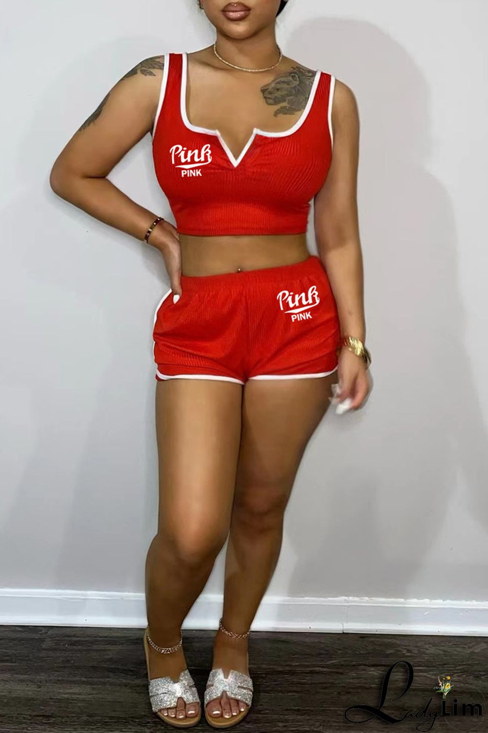 Tibetan Blue Fashion Casual Letter Print Basic V Neck Sleeveless Two Pieces