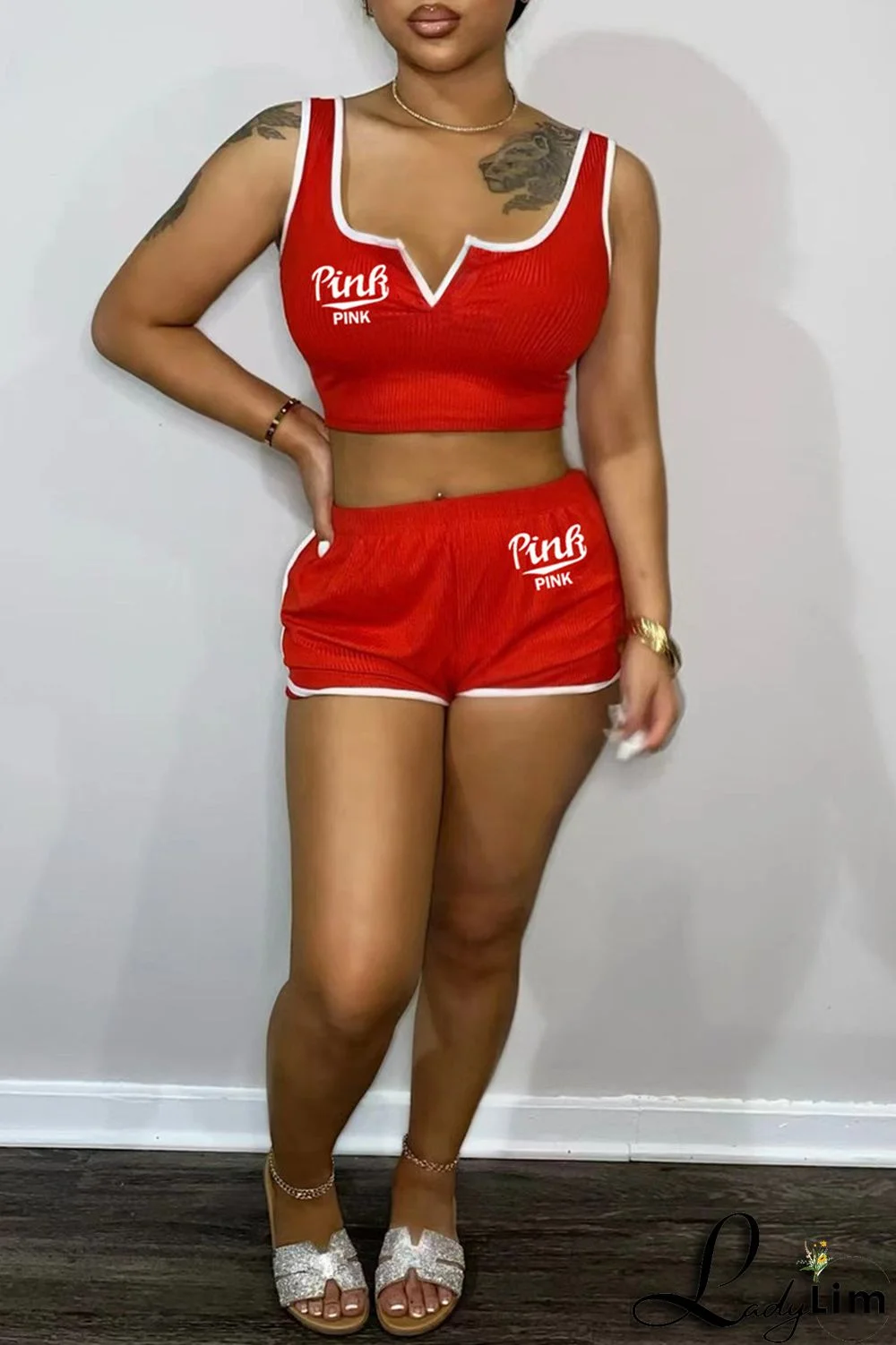 Tibetan Blue Fashion Casual Letter Print Basic V Neck Sleeveless Two Pieces