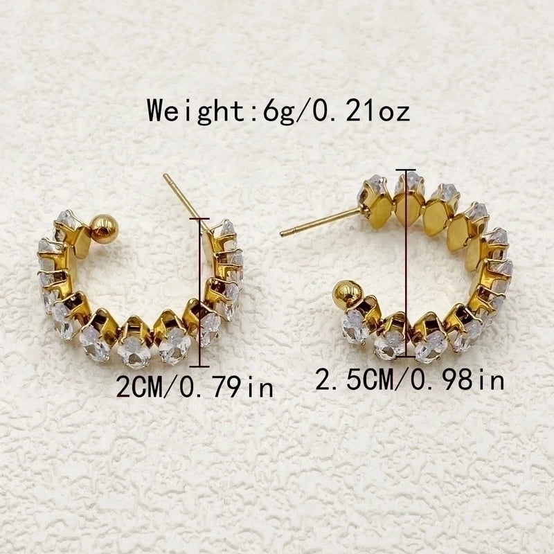 1 Pair Elegant C Shape Plating Inlay 304 Stainless Steel Zircon 14K Gold Plated Earrings