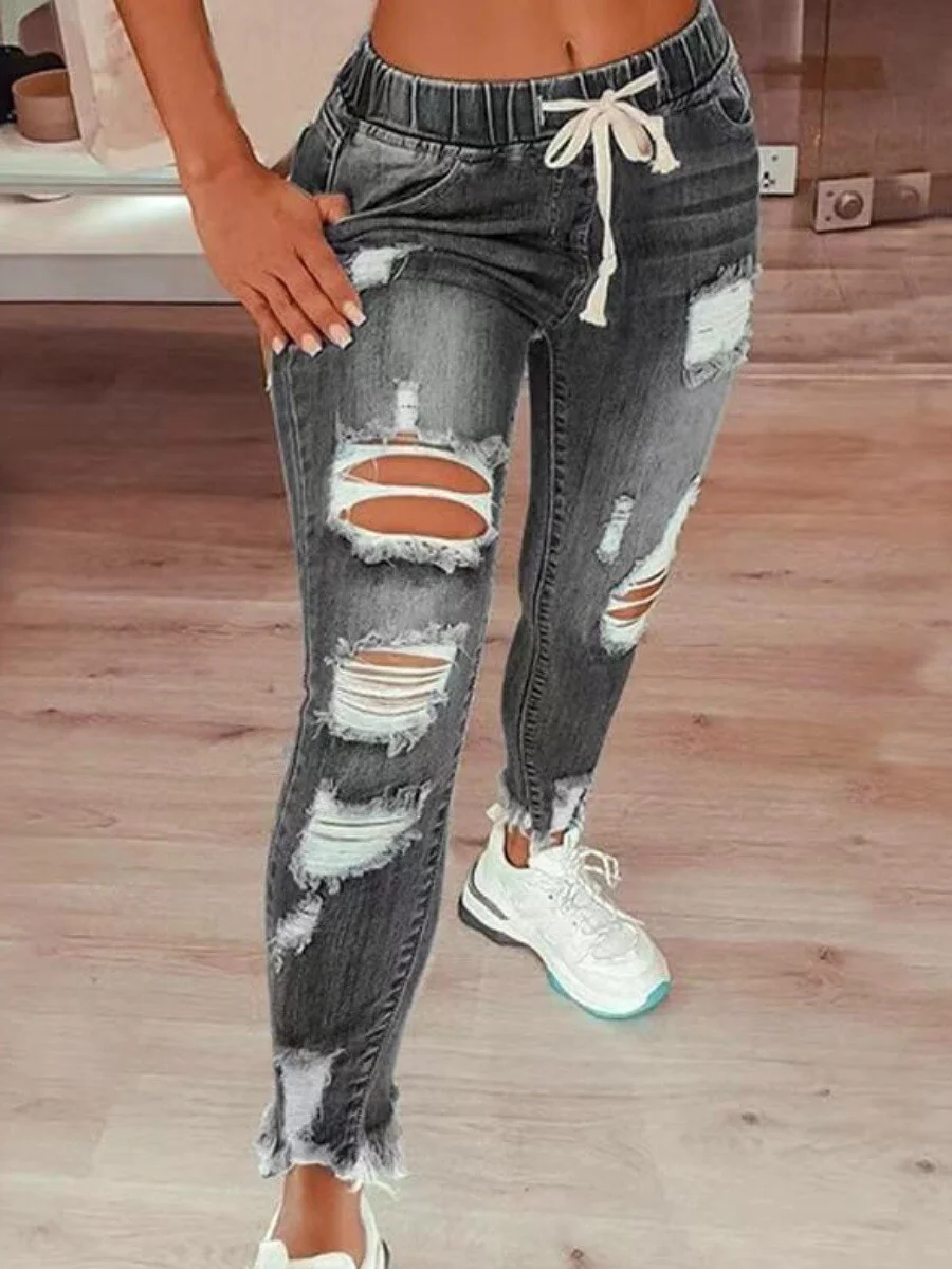 High Stretch Drawstring S-5XLClassic Distressed Ripped Raw Edges Hem Jeans Zipper Fly Solid Holes Fashion Denim Streetwears