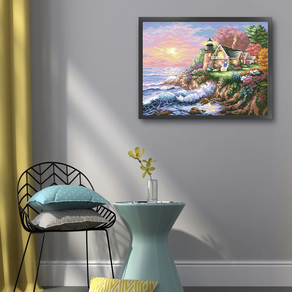 9CT Full Cross Stitch Bead Embroidery - Seaside Garden Lake(Canvas|55*43CM)