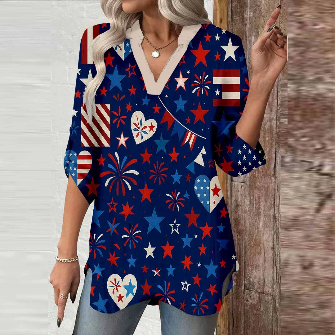 Women  Independence Day, Star, Striped, Blue, Red DZGA0230 3/4 Sleeve V-neck Printed Graphic Button Tops