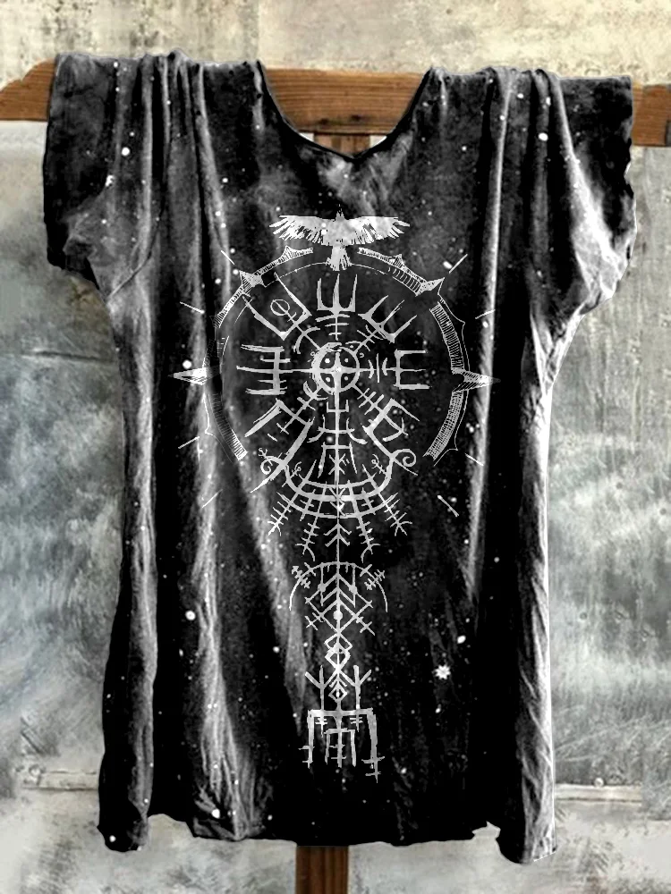 Retro Viking Totem Print Stone Washed T-Shirt