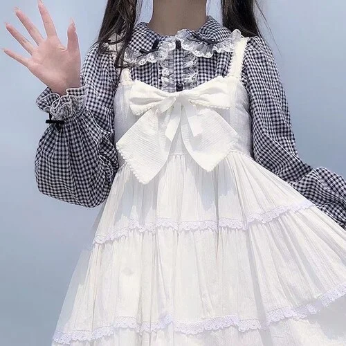 Cartoonh Sweet Lolita Blouses Gothic Women Kawaii Bow Lace Ruffles Long Sleeve Plaid JK Shirts Harajuku Y2K Cute Blusas Mujer