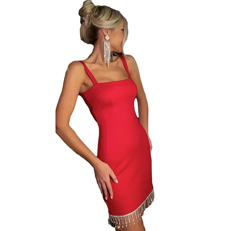 Summer Diamonds Tassel Women Dress Spaghetti Strap Slash Neck Mini Bandage Vestidos  Night Club Party Female Clothing