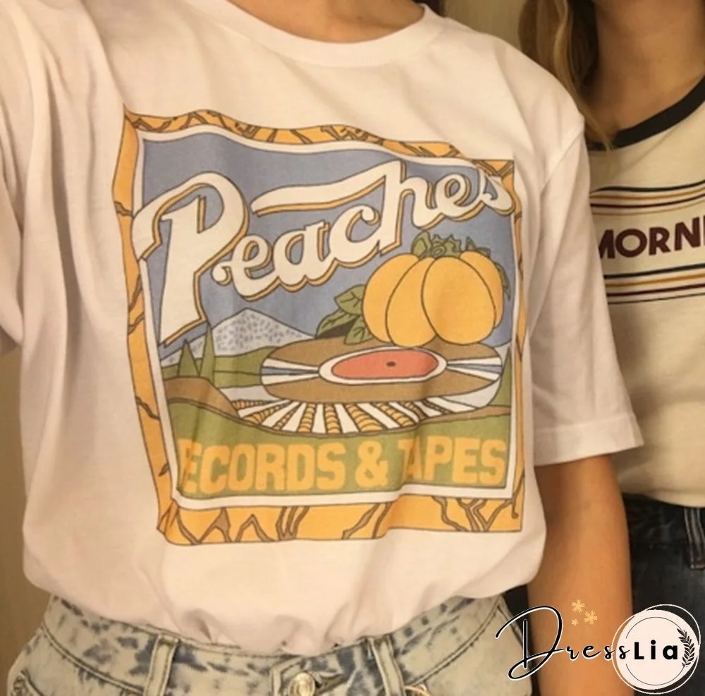 {}Kuakuayu HJN Unisex Vintage Fashion Peaches Records Tapes T-Shirt Hipsters Grunge Style Graphic Tee