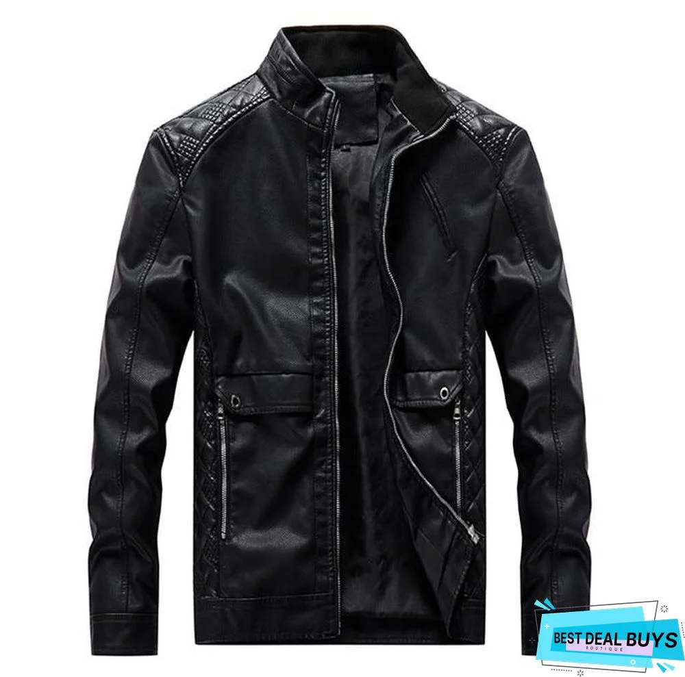 Mens Leather Jacket Fashion Vintage Leather Plus Size Stand Collar Coat
