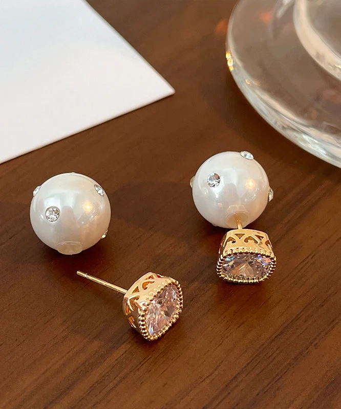 Brief White Copper Inlaid Zircon Pearl Stud Earrings