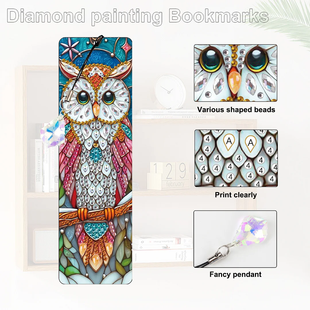 4Pcs Owl DIY Diamond Bookmark Art Projects Irregular Shaped Diamonds Diamond Painting Art Bookmarks with Crystal Pendants for DIY Making Beginners Adult Art Craft Supplies