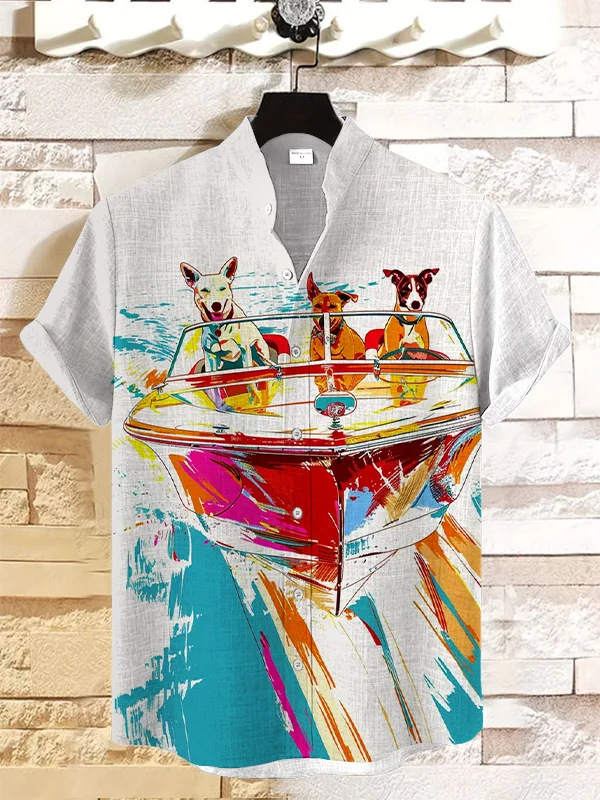 Men's Whimsical Dogs Driving Boat Print Linen Blend Shirt