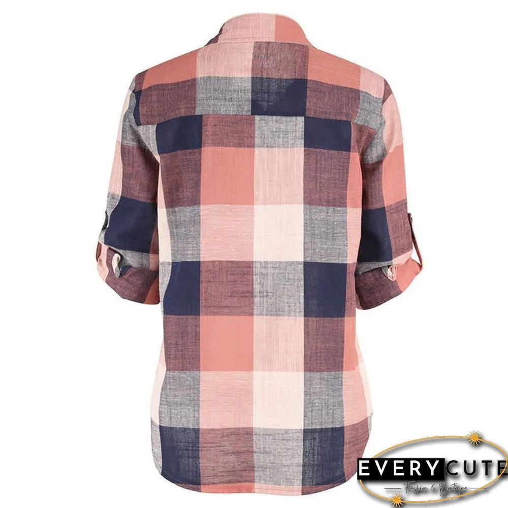 Fashion women Casual Matching Color Long Sleeve Button Loose Plaid Shirt Top Blouse