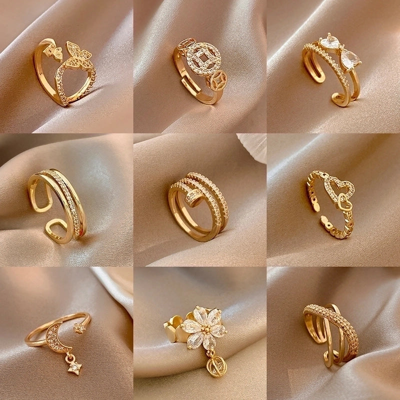 Minimalist Square Flower Bow Knot Copper Hollow Out Inlay Zircon Open Ring 1 Piece