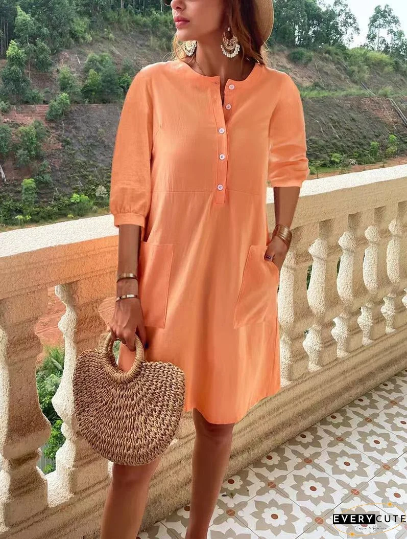 Dresses Button Mid-Sleeve Pocket Casual Dress for Women