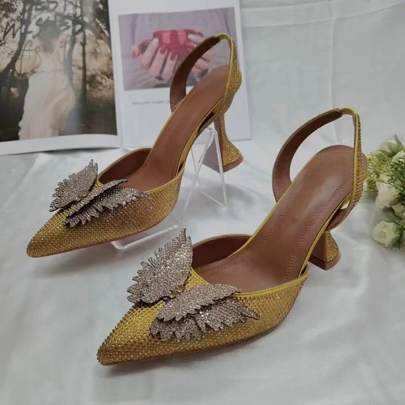 Orange Butterfly Rhinestone Sandals Woman Pointed Toe Slingback Strange High Heels For Women Party Shoes