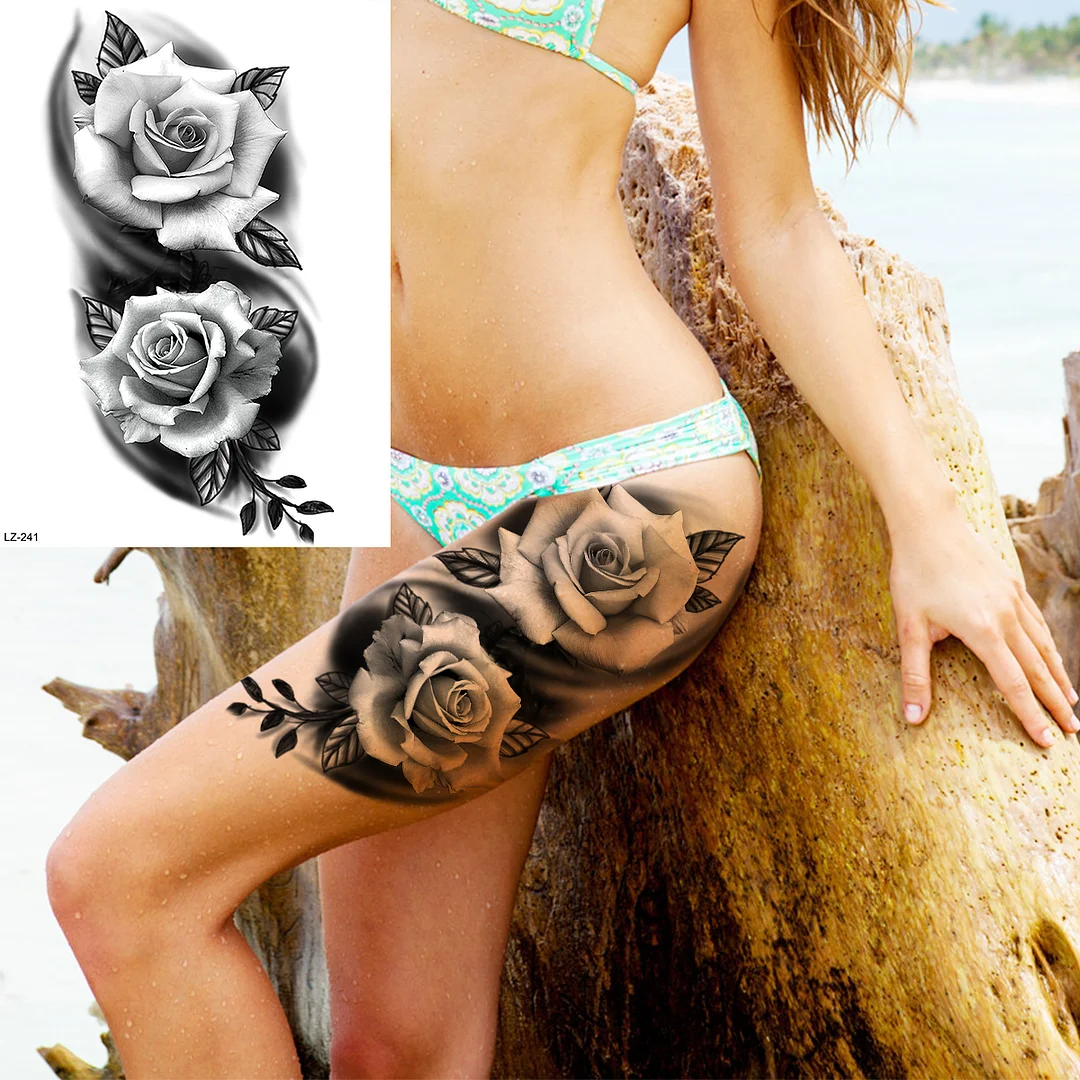 Sdrawing Rose Flower Moon Temporary Tattoos For Women Adult Pendant Peony Lotus Fake Tattoo Calf Thigh Body Art Waterproof Tatoos