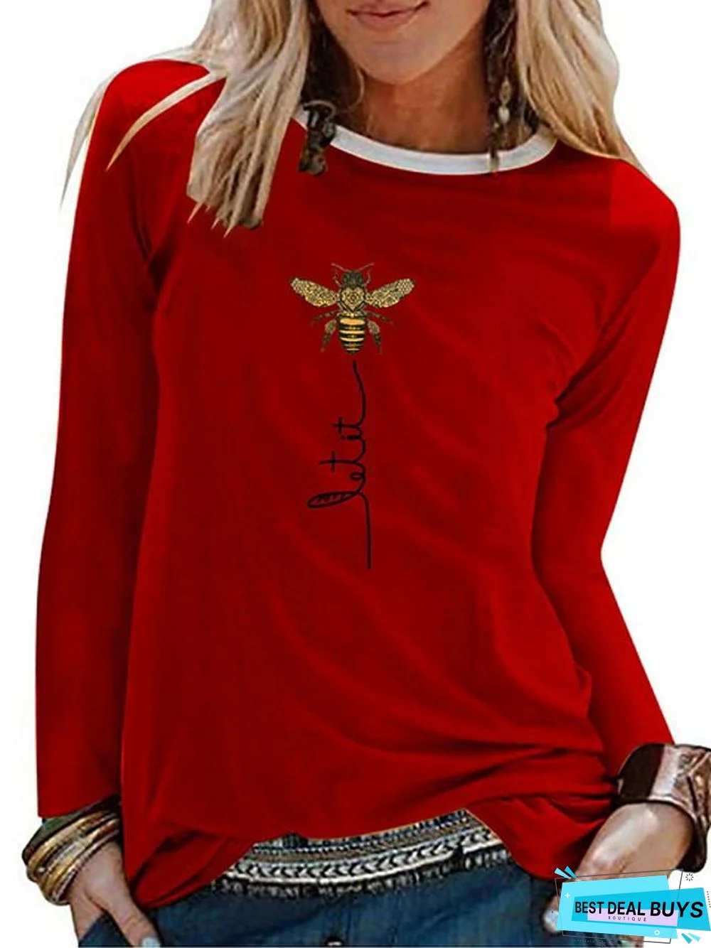 Women's T-shirt Graphic Prints Long Sleeve Round Neck Tops Cotton Basic Top White Black Blue