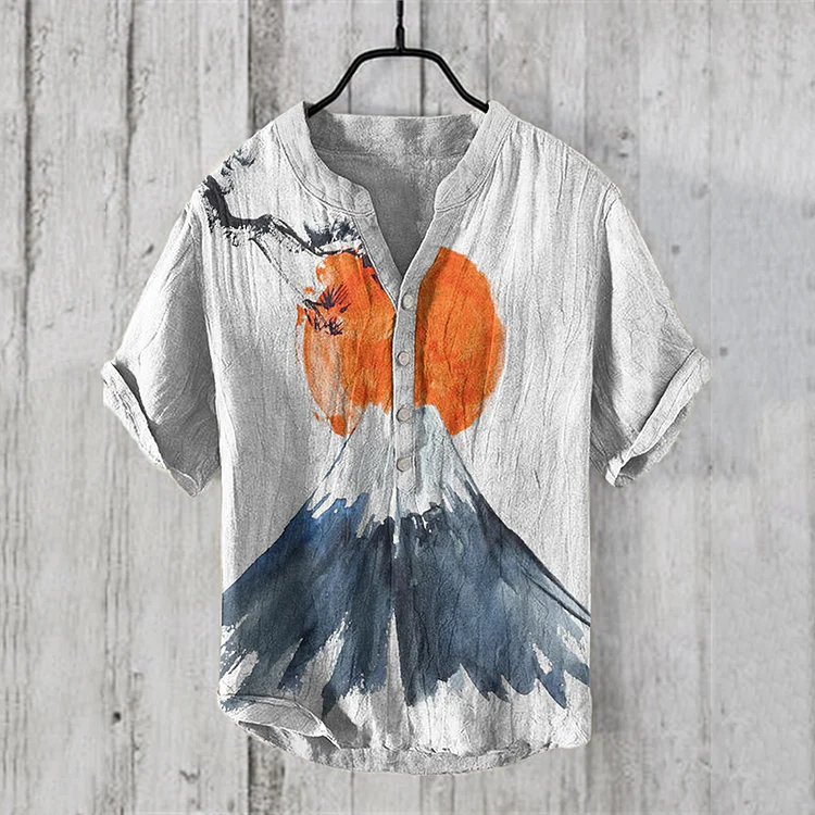 Men'S Japanese Art Mount Fuji Linen Blend Shirt