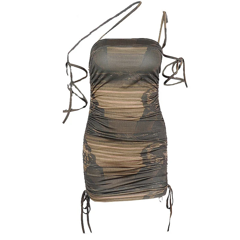 Brownm Brownm Style 2023 Summer New One-Line Shoulder Tie Folding Print Slim Wrap Hip Dress Female